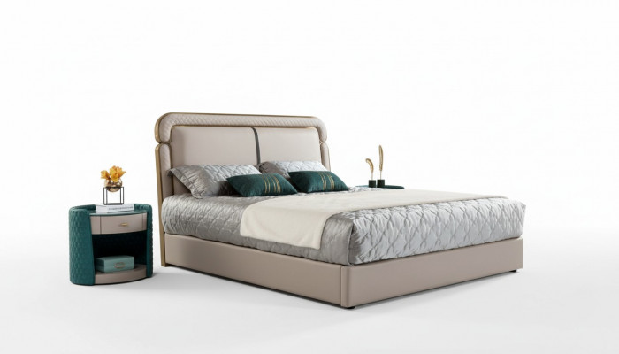 Bett 2x Nuetsdësch Beige Schlofkummer Modern Design Miwwelen Holz Luxus
