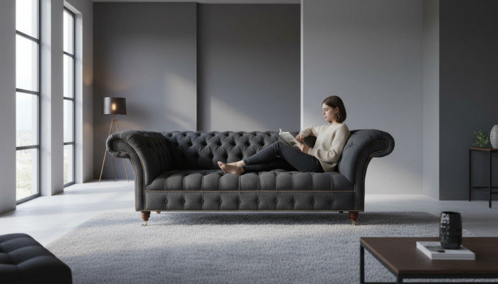 Chesterfield 3 Sëtz Textil Donkelschof Moderne Design Sofaen Sofa Miwwelen Designer