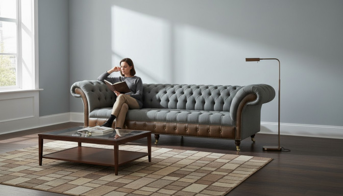 Chesterfield 4 Sëtzer Gro Stoff Wunnzëmmer Design Polstersofa Grouss Textilmöbel