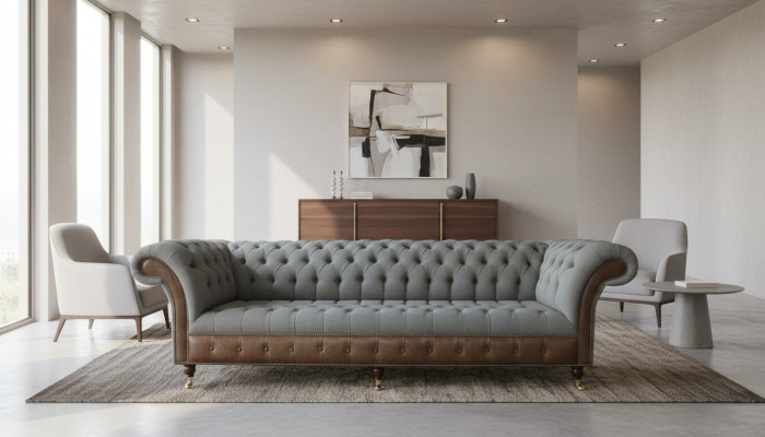 Chesterfield 4 Sëtzer Gro Stoff Wunnzëmmer Design Polstersofa Grouss Textilmöbel