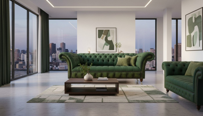 Chesterfield 3 Plaz Donkelgréng Wunnzëmmer Design Couchen Gepolstert Sofa Textil
