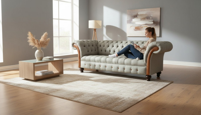 Chesterfield 3 Sëtzer Beige Wunnzëmmer Design Couchen Polstersofa Sofen Textil