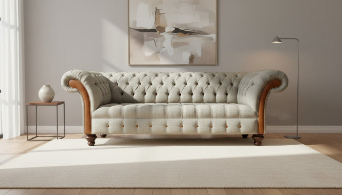 Chesterfield 3 Sëtzer Beige Wunnzëmmer Design Couchen Polstersofa Sofen Textil