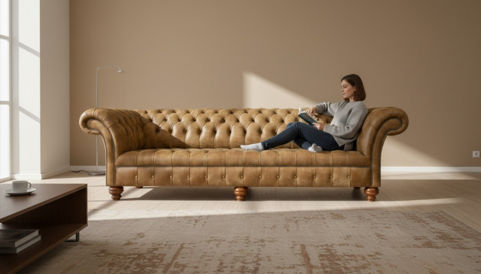 Chesterfield 4-Platzer Hellbrong Modern Design Canapéen Lieder Sofa Kreativ Miwwelen