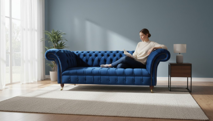 Chesterfield 3 Sëtz Blauen Design Canapéë Polster Sofen Samt Stoff Textil Luxus