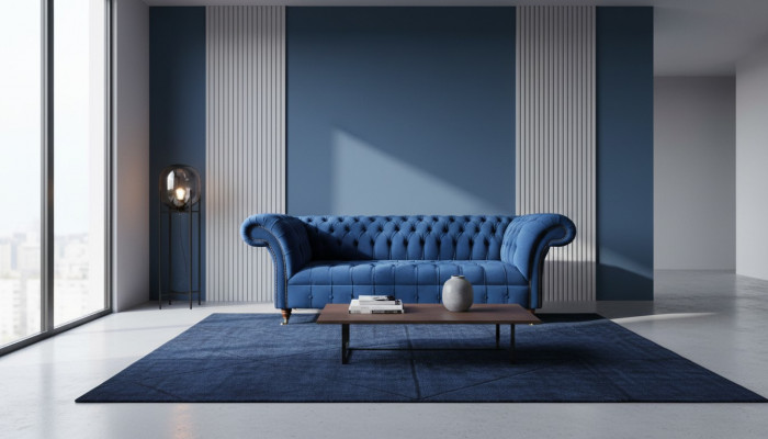 Chesterfield 3 Sëtz Blauen Design Canapéë Polster Sofen Samt Stoff Textil Luxus