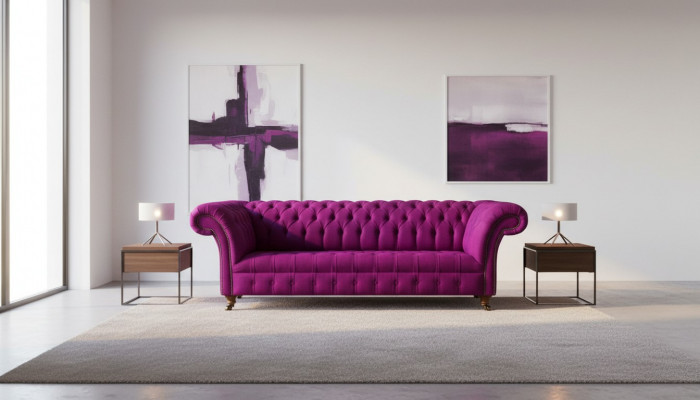 Chesterfield 3-Sëtzer Lila Stoff Design Couchen Polstersofaen Nei Kreativ Sofa