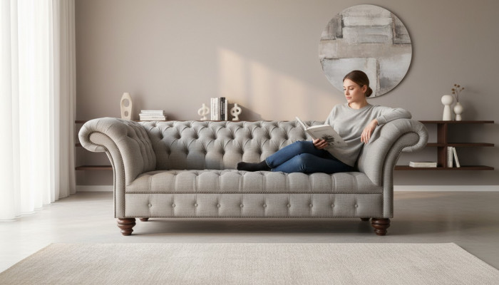 Chesterfield 3-Sëtzer Wunnzëmmer Modern Hellgräif Couch Sofa Neit Kreativt Stëft