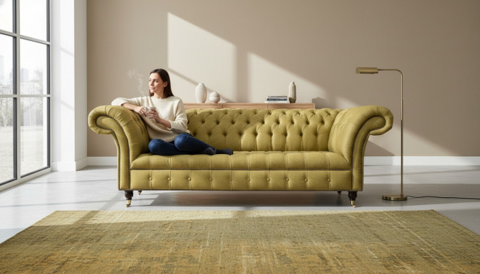 Chesterfield 3-Sëtz Giel Wunnzëmmer Design Couchen Polstersofa Sofas Textil