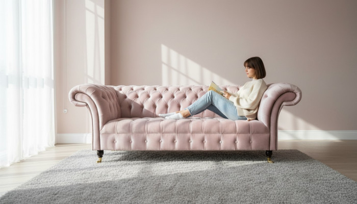 Chesterfield 3-Sëtzer Hellrout Kreativ Miwwel Neit Wunnzëmmer Modern Design Canapé