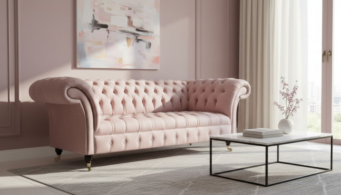 Chesterfield 3-Sëtzer Hellrout Kreativ Miwwel Neit Wunnzëmmer Modern Design Canapé