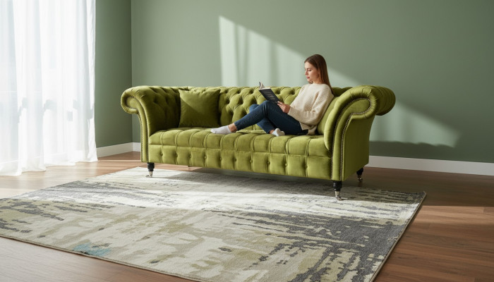 Chesterfield Gréng Dräisëtzer Wunnzëmmer Design Couchen Polstersofa Textil Nei