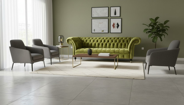 Chesterfield Gréng Dräisëtzer Wunnzëmmer Design Couchen Polstersofa Textil Nei