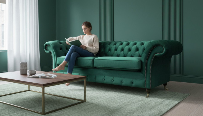 Chesterfield 3 Sëtzer Gréng Wunnzëmmer Modern Design Couchen Canapé Original Textil