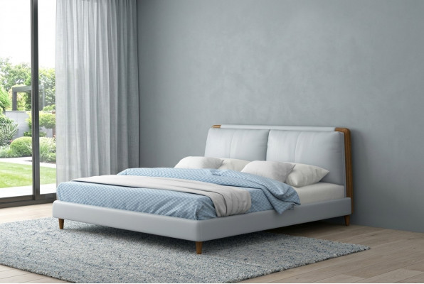Moderne Doppelbett 180x200 am wäissem Liederdesign op Holzbeen