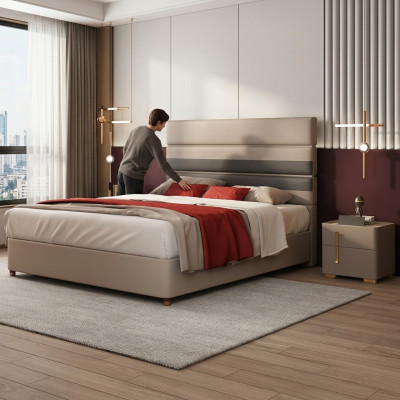 Lieder Leder Bett Hotel Luxus Designer Duebel Ehe Schlofzëmmer Beige.