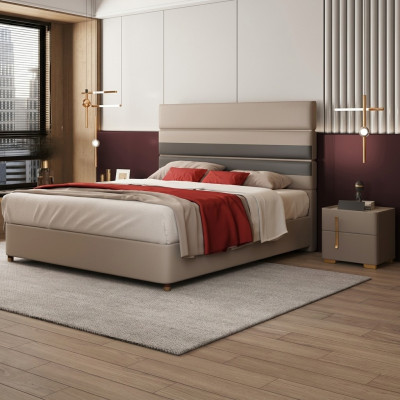 Lieder Leder Bett Hotel Luxus Designer Duebel Ehe Schlofzëmmer Beige.