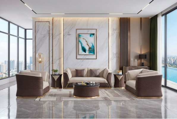 Sofasut 3+2+1 Sëtz Ledersofa Canapé Dekor Wunnlandschaft Garnitur