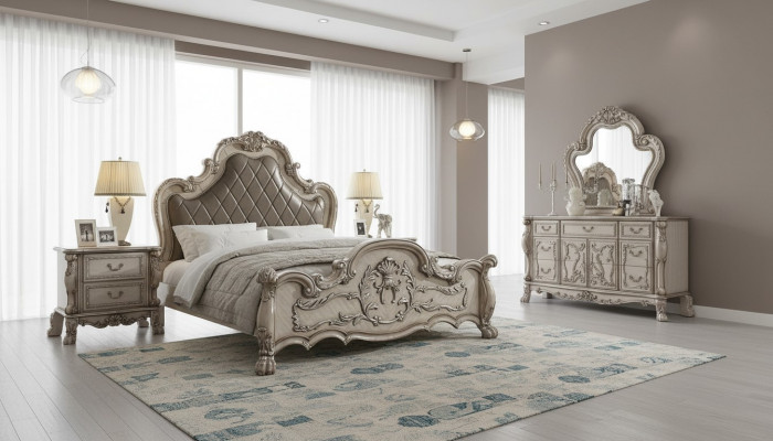 Barock Bett 2x Nuetsdësch 3 Stéck Schlofzëmmer Garnitur Design Luxus Schlofzëmmer