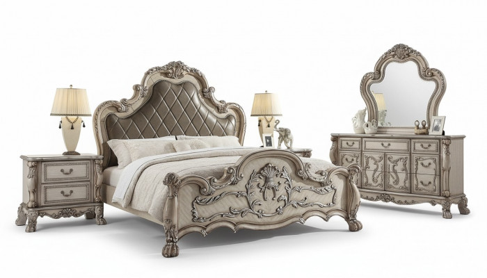 Barock Bett 2x Nuetsdësch 3 Stéck Schlofzëmmer Garnitur Design Luxus Schlofzëmmer