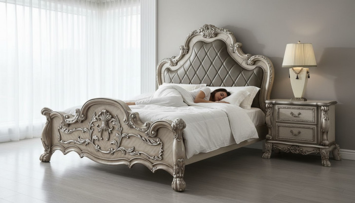 Luxus Barock Sëlwer Duebelbett Design Holz 200x200cm Polsterung Schlofzëmmer Nei