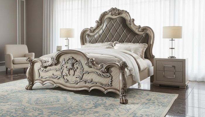 Luxus Barock Sëlwer Duebelbett Design Holz 200x200cm Polsterung Schlofzëmmer Nei