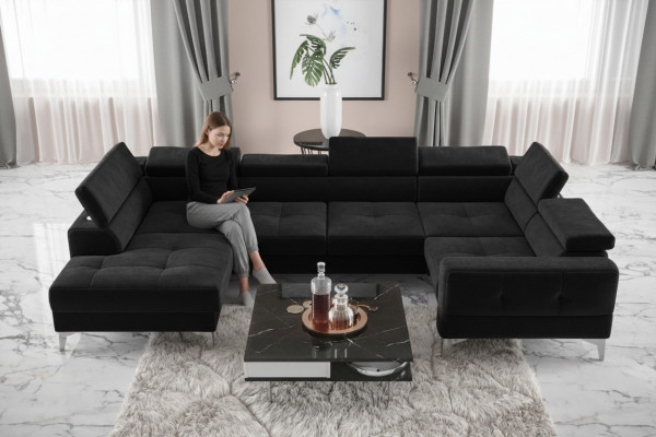 Modern Luxus Automateschen Ecksofa Stoff U-Form Couche Textil Schwaarz Elegant Nei