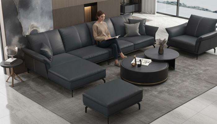 Wunnzëmmer L-Form Schwarz Modern Luxus Multifunktioun Sofa Canapé