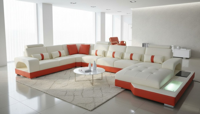 Ecksofa Lieder Sofa Couch Polster Eck Sëtz Wunnlandschaft U-Form Crème Orange Neie