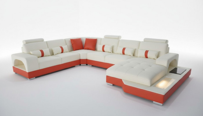 Ecksofa Lieder Sofa Couch Polster Eck Sëtz Wunnlandschaft U-Form Crème Orange Neie