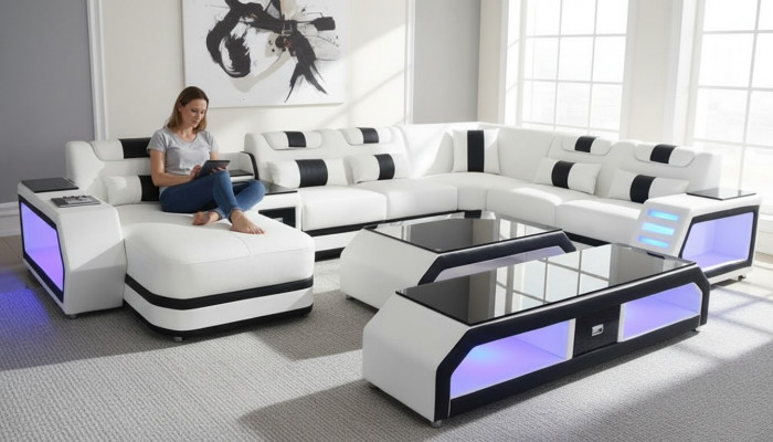 U-Form Wunnlandschaft Modern Luxus Canapé Ecksofa U-Form Canapé Kënschtläder Wäiss