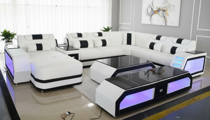 U-Form Wunnlandschaft Modern Luxus Canapé Ecksofa U-Form Canapé Kënschtläder Wäiss