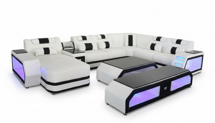 U-Form Wunnlandschaft Modern Luxus Canapé Ecksofa U-Form Canapé Kënschtläder Wäiss