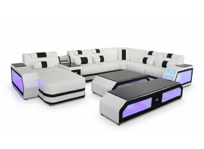 U-Form Wunnlandschaft Modern Luxus Canapé Ecksofa U-Form Canapé Kënschtläder Wäiss