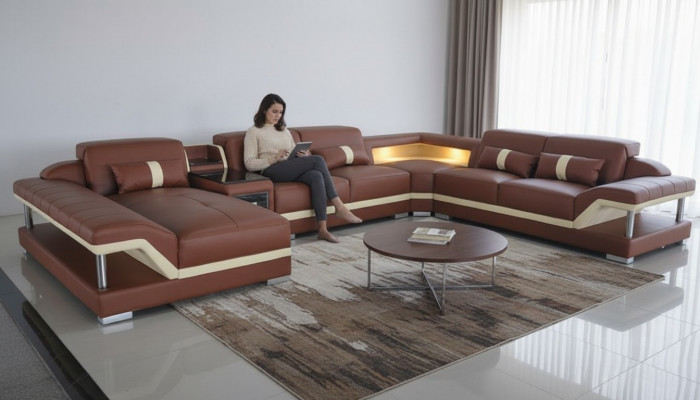 Wunnlandschaft U-Form Crème Braun Ecksofa Lieder Sofa Canapé Polster Eck Sëtz Nei