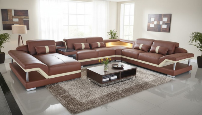 Wunnlandschaft U-Form Crème Braun Ecksofa Lieder Sofa Canapé Polster Eck Sëtz Nei