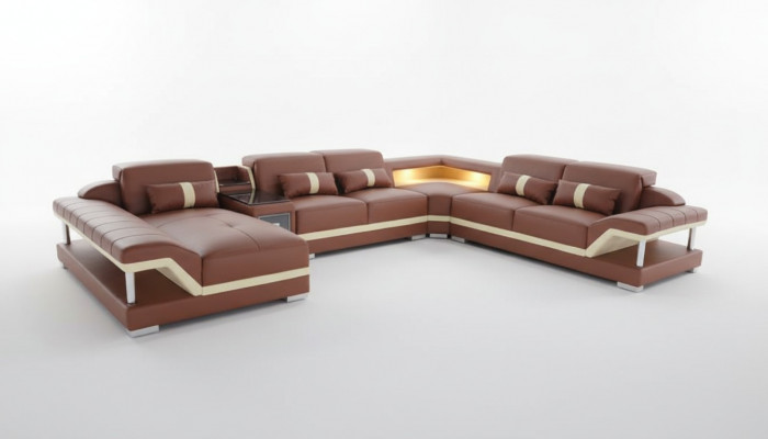 Wunnlandschaft U-Form Crème Braun Ecksofa Lieder Sofa Canapé Polster Eck Sëtz Nei
