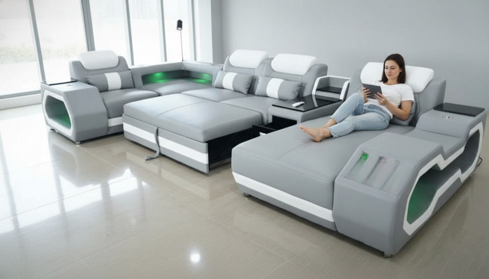 Grau Nei Sofa U-Form Stoffsofa Couch Wohnlandschaft Design Modern Lieder Sofas