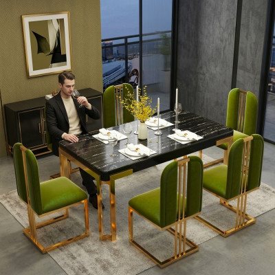 Luxus Dëscher Iesszëmmer Dësch Moderner Metall Iessdësch Miwwelen Gold Edelstahl