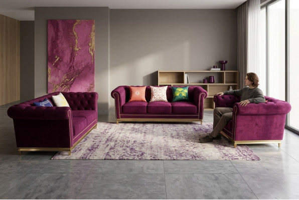 Sëtzgrupp 3+2+1 Sëtzer Miwwelen Polster Stoff Modern Chesterfield Design