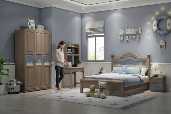 Jugend Kannerzëmmer Set Schlofkummer Modern Schaf Bett Nuetsdësch Dësch 5 Deeler.