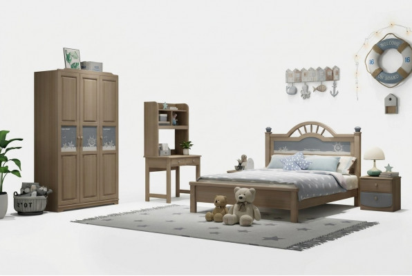 Jugend Kannerzëmmer Set Schlofkummer Modern Schaf Bett Nuetsdësch Dësch 5 Deeler.