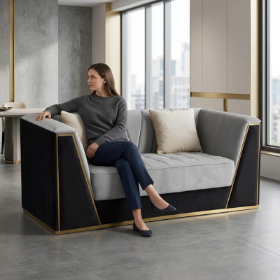 Luxus Sofa 2-Sëtzer Miwwelen Design Polster schwaarz Textil Samt Sofas Couchen