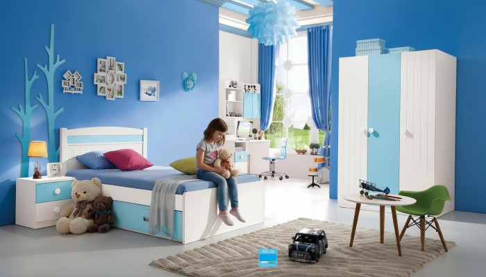 Kanner Komplett Set Jugendzëmmer Bett Kommode Schaf Dësch Büro 4 Stéck Miwwelen