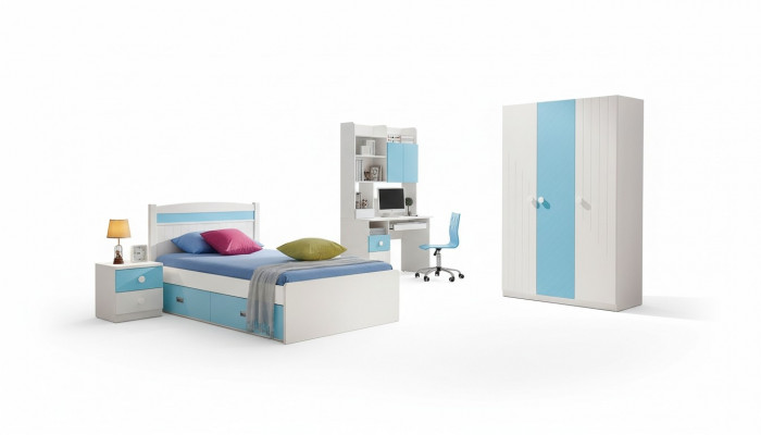 Kanner Komplett Set Jugendzëmmer Bett Kommode Schaf Dësch Büro 4 Stéck Miwwelen