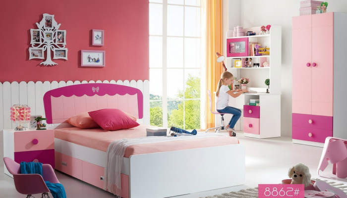 Set Dësch Bett Kleederschaf Kommode 4tlg Komplett Jugendzëmmer Kannerzëmmer