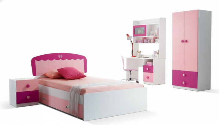 Set Dësch Bett Kleederschaf Kommode 4tlg Komplett Jugendzëmmer Kannerzëmmer