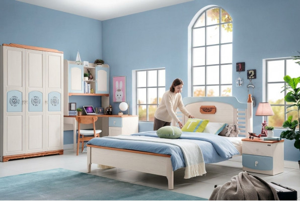 Schlofzëmmer Set 5tlg. Bett 2x Nuetsdësch Schreifdësch Kannerbett Vollholz Miwwelen