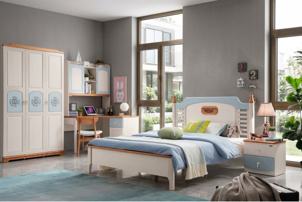 Schlofzëmmer Set 5tlg. Bett 2x Nuetsdësch Schreifdësch Kannerbett Vollholz Miwwelen