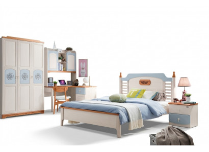Schlofzëmmer Set 5tlg. Bett 2x Nuetsdësch Schreifdësch Kannerbett Vollholz Miwwelen